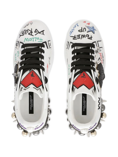 Dolce & Gabbana Printed Calfskin Portofino Sneakers With Patch In White