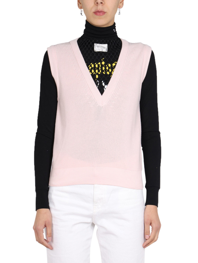 Fishnet-panel Cotton Sweater Vest In Pink