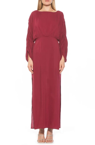 Shop Alexia Admor Jenna Boatneck Shirred Long Sleeve Column Dress In Burgundy