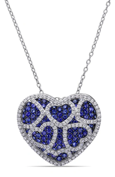 Delmar Sterling Silver Created Blue Sapphire & Created White Sapphire Heart Pendant Necklace In Blue