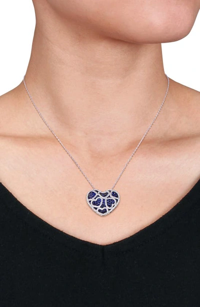 Delmar Sterling Silver Created Blue Sapphire & Created White Sapphire Heart Pendant Necklace In Blue