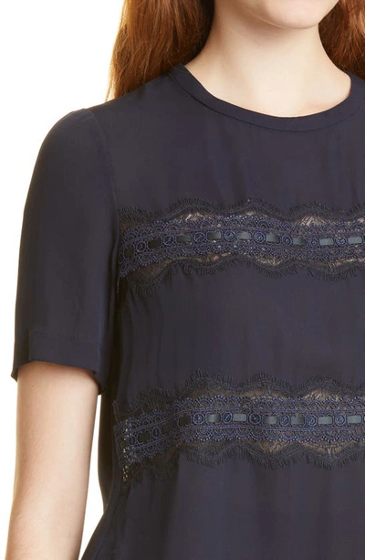 Shop Rebecca Taylor Lace Inset Silk Top In Dark Navy