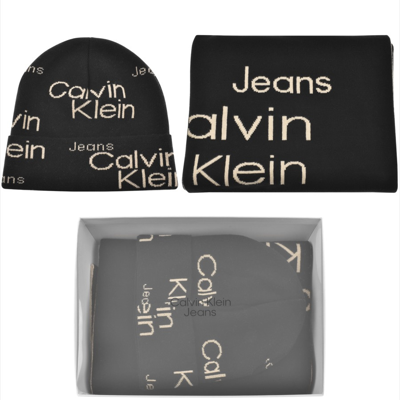 Shop Calvin Klein Knit Beanie And Scarf Set Black