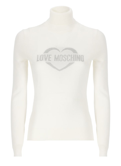 Shop Love Moschino Logo Intarsia Knit Turtleneck Jumper In White