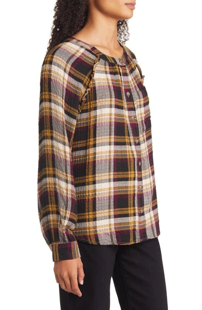 Shop Beachlunchlounge Plaid Crinkle Texture Blouse In Wheat N Rose