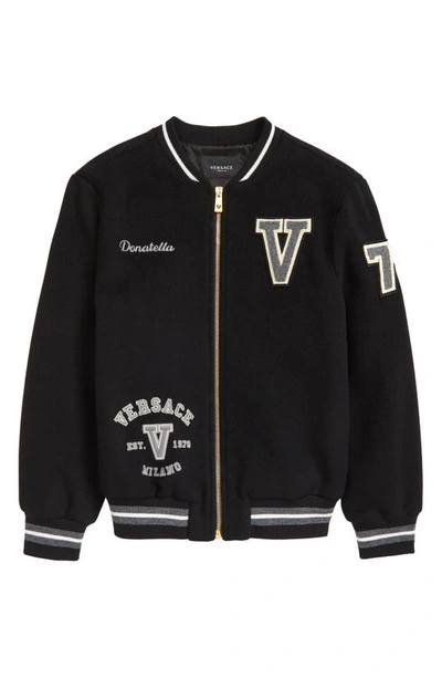 Shop Versace Kids' Versity Logo Patch Wool Blend Varsity Jacket In Nero Grigio