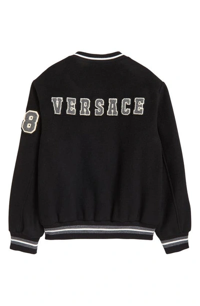 Shop Versace Kids' Versity Logo Patch Wool Blend Varsity Jacket In Nero Grigio