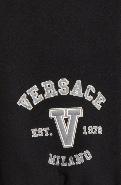 Shop Versace Kids' Versity Logo Patch Wool Blend Varsity Jacket In Nero Grigio