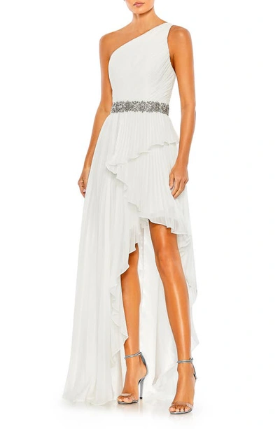 Shop Mac Duggal Ruffle Pleated One-shoulder High-low Gown In White