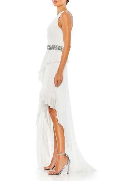 Shop Mac Duggal Ruffle Pleated One-shoulder High-low Gown In White