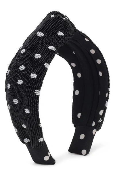 Shop Autumn Adeigbo Beaded Knotted Headband In Black And White Polka Dot
