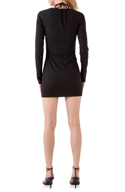 Grey Lab Halter Neck Long Sleeve Rib Body-con Dress In Black