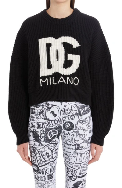 Shop Dolce & Gabbana Intarsia Knit Logo Crop Virgin Wool Rib Sweater In S9000 Variante Abbinata
