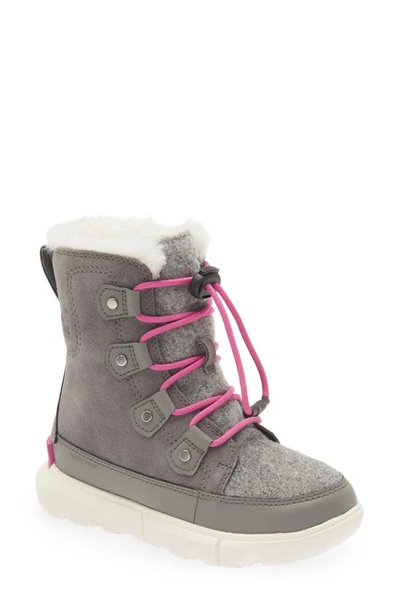 Shop Sorel Kids' Explorer Waterproof Faux Fur Lined Boot In Quarry/ Bright Lavender
