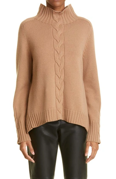Shop Max Mara Oceania Center Cable Wool & Cashmere Turtleneck Sweater In Camel