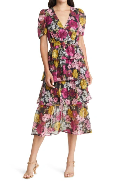 Shop Adelyn Rae Eliza Floral Print Puff Sleeve Tiered Midi Dress In Pink Floral