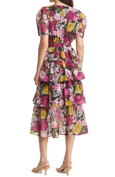 Shop Adelyn Rae Eliza Floral Print Puff Sleeve Tiered Midi Dress In Pink Floral