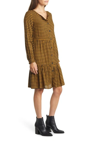 Shop Beachlunchlounge Plaid Tiered Long Sleeve Button-down Dress In Tusan Sun