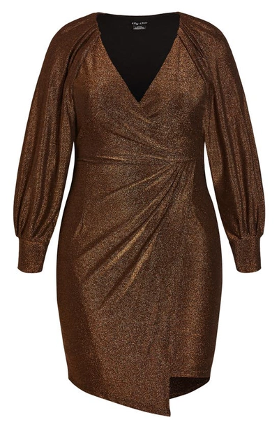 Shop City Chic Party Lights Shimmer Long Sleeve Dress In Bronze