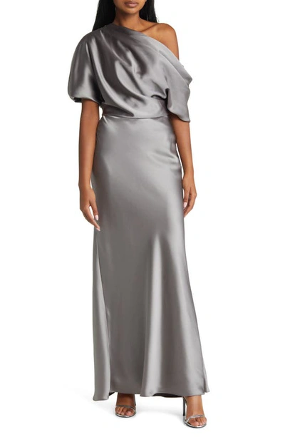 Shop Amsale One-shoulder Fluid Satin Gown In Gunmetal