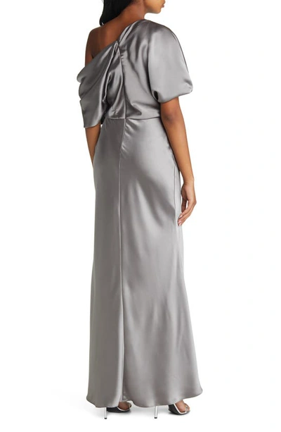 Shop Amsale One-shoulder Fluid Satin Gown In Gunmetal