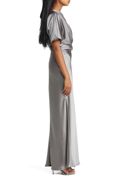 Shop Amsale One-shoulder Fluid Satin Gown In Gunmetal