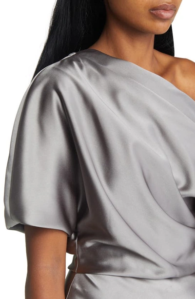 Shop Amsale One-shoulder Fluid Satin Gown In Gunmetal