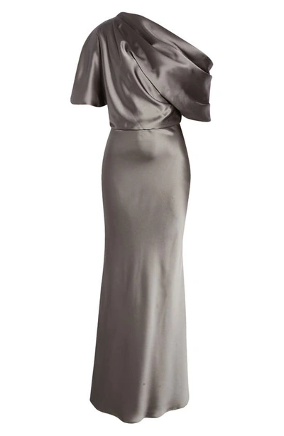 Shop Amsale One-shoulder Fluid Satin Gown In Gunmetal