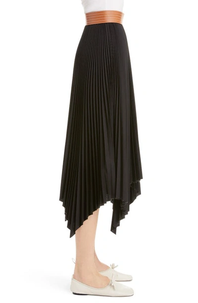 Shop Loewe Leather Band Asymmetrical Pleated Midi Skirt In Black/ Tan