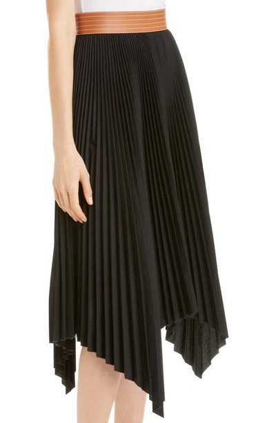 Shop Loewe Leather Band Asymmetrical Pleated Midi Skirt In Black/ Tan