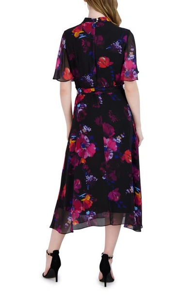 Shop Donna Ricco Floral Flutter Sleeve Tie Waist Midi Dress In Black Multi