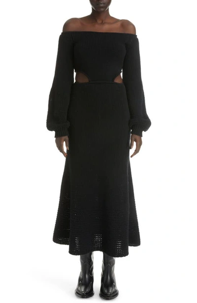 Shop Chloé Cutout Off The Shoulder Wool & Cashmere Midi Dress In Black