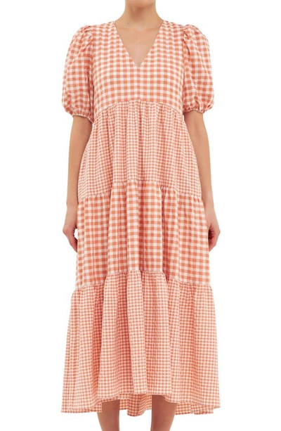 English Factory Mixed Gingham Tiered Dress In Sienna