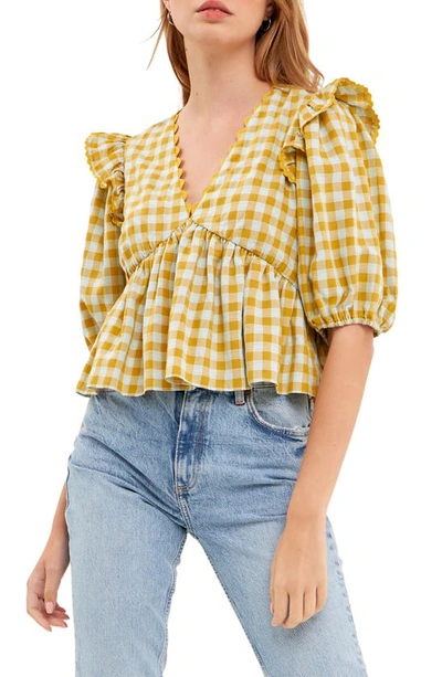 English Factory Rickrack Trim Check Top In Mustard