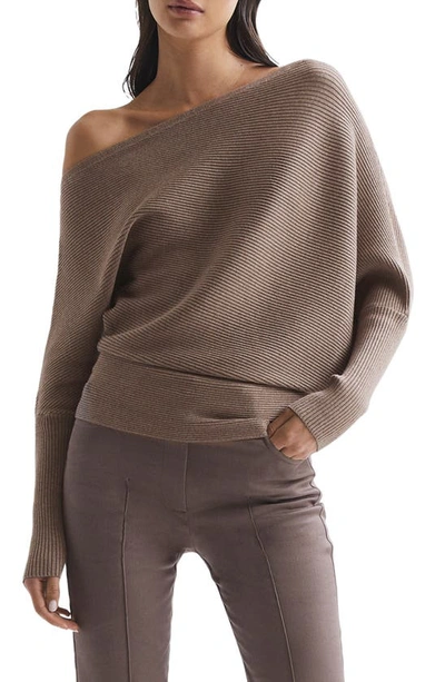 Shop Reiss Lorna Rib One-shoulder Dolman Sleeve Sweater In Mink