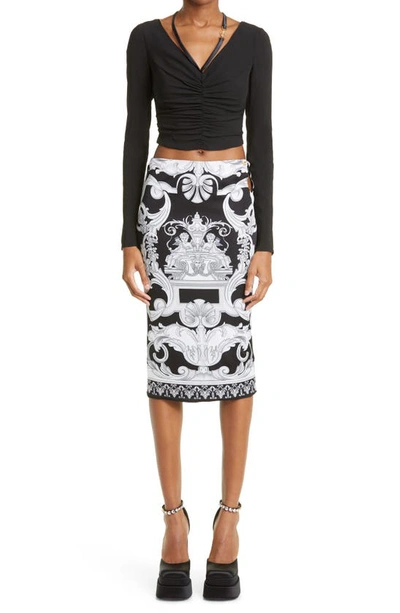 Shop Versace Baroque Print Cutout Stretch Jersey Midi Skirt In Black White