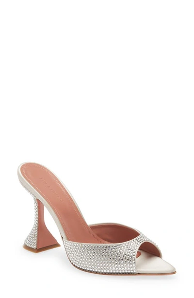 Shop Amina Muaddi Caroline Crystal Embellished Pointed Toe Sandal In Satin Light Grey + White