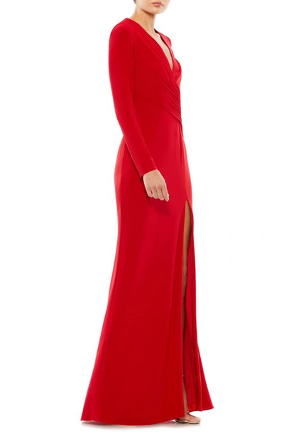 Shop Mac Duggal Ruched Jersey Long Sleeve Column Gown In Red