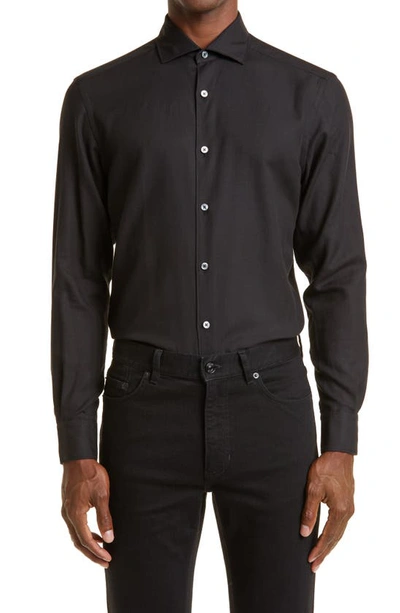Zegna Cashco Spread-collar Cotton-blend Twill Shirt In Black