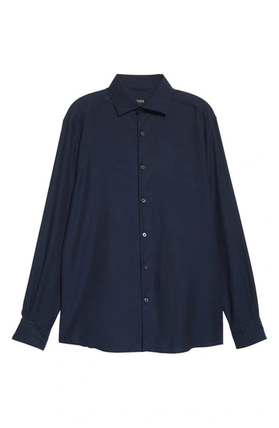 Zegna Button-down Collar Brushed Cotton-twill Shirt In Blue