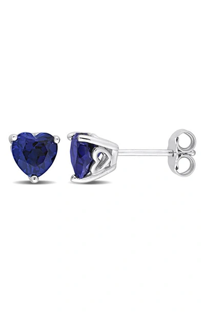 Delmar Sterling Silver Created Blue Sapphire Heart Shape Stud Earrings In Blue