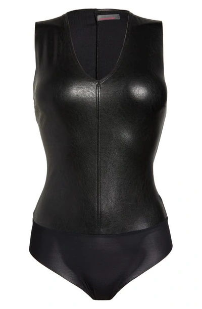 Shop Commando Deep V-neck Faux Leather Bodysuit In Black