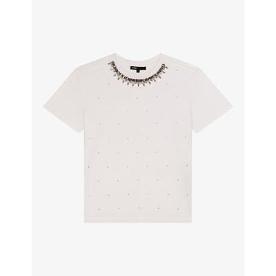 Shop Maje Womens Blanc Rocky Embellished Cotton T-shirt
