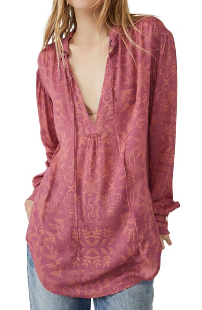Shop Free People Mia Floral Print Tie Neck Tunic Top In Rouge Combo