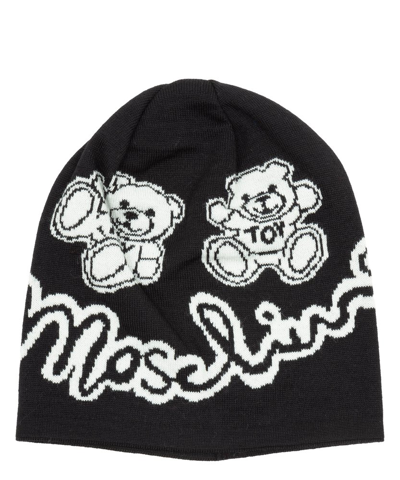 Shop Moschino Teddy Bear Logo Intarsia Knitted Beanie In Black