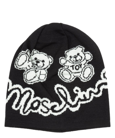 MOSCHINO MOSCHINO TEDDY BEAR LOGO INTARSIA KNITTED BEANIE 