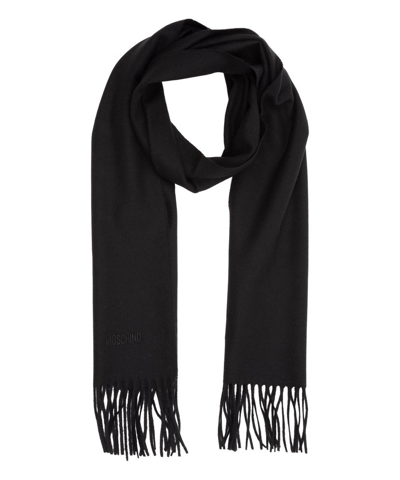 Shop Moschino Logo Embroidered Fringed Scarf In Black