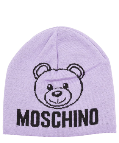 Shop Moschino Teddy Bear Motif Knitted Beanie In Purple