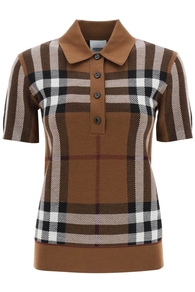 Shop Burberry Exploded Check Merino Wool Polo Shirt In Brown,beige