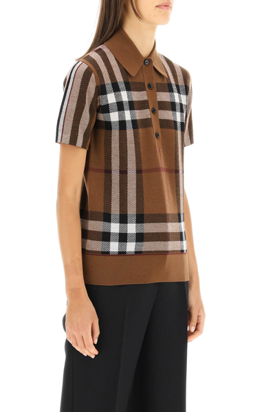 Shop Burberry Exploded Check Merino Wool Polo Shirt In Brown,beige
